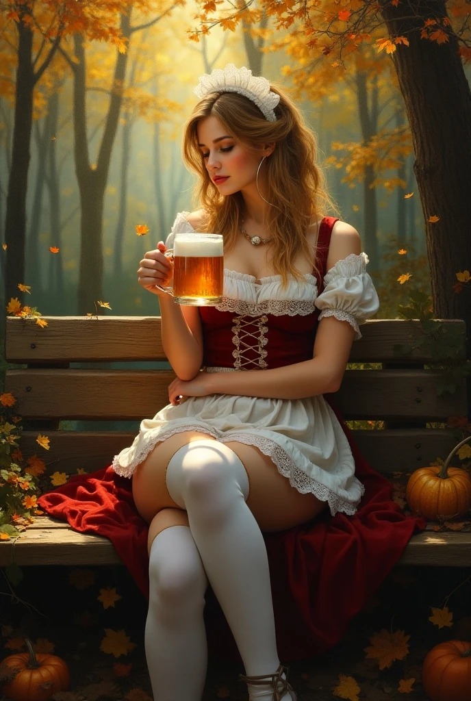 High-quality realistic acrylic art, vivid colors, araffe sitting on a bench with a mug of beer in her hand, octoberfest, amouranth, better known as amouranth, jessica nigri, holding beer, a sexy maid in a magical forest, irina nordsol kuzmina, alexa grace, drinking beer, holding a beer, mia kischner, beer, full length and white stockings. Legs spread wide revealing his panties. 