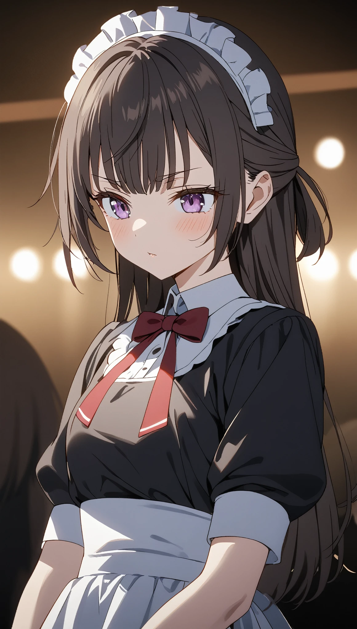  1 girl, Yuki Houjou (sometimes Blurring Arya in Roshia at night), Alone, bangs,  Black Hair , Blur, background Blur, cheek, Ribbon bow tie, Purple eyes, Brown Hair, Long Hair,  Eyebrows Can Be Seen Through Hair, Modest chest, (((red cheek))), Maid uniform, Cinema Lighting, Dramatic Colors , 8k, High image quality, A detailed masterpiece.