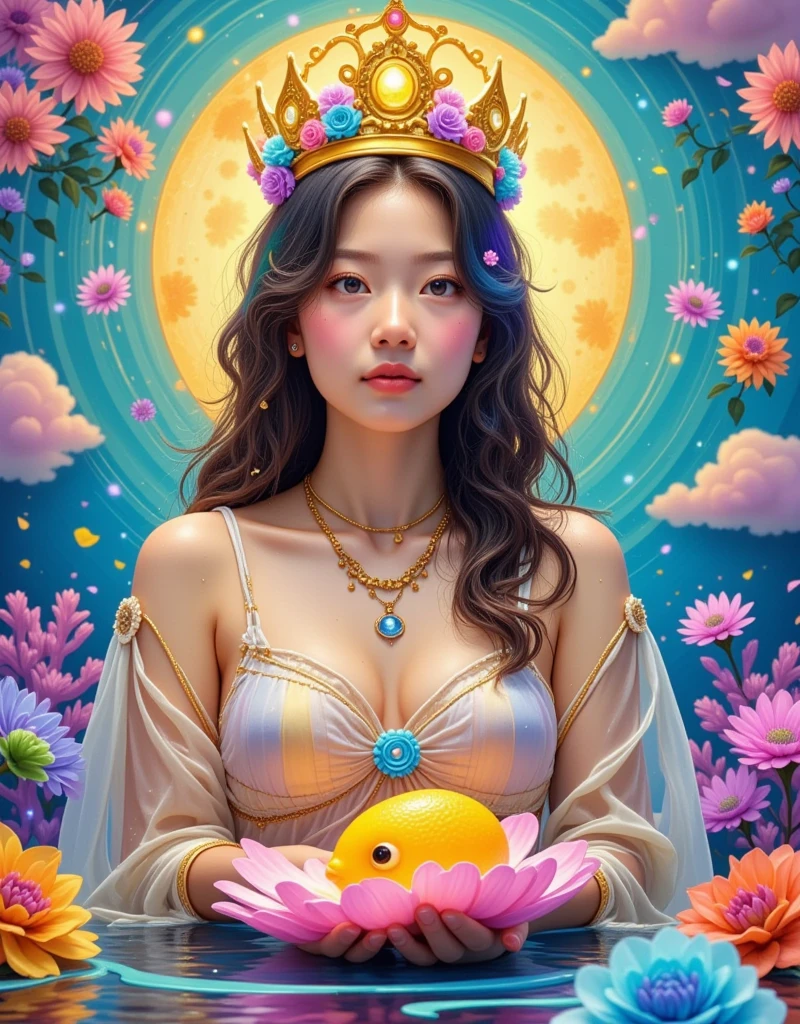 [Vision:1.0]，[Wide Angle:1.0]，Cartoon，A painting of a woman wearing a crown and a fish, Digital Art by Martine Johanna, tumblr, Pop surrealism, Pop surrealism art style, A beautiful art illustration, japanese Pop surrealism, Beeple 和 Jeremiah Ketner, Anna Dittmann (Anna Dittmann) style, Beautiful digital illustrations, Benjamin Lacombe, Exquisite digital illustrations, Pop-Surrealism, Fantasy illustrations, Light and Shadow，Fresh and natural，fairy tale，Rich colors，Abstract composition，Fantasy atmosphere，Dreamy emotions，3d, C4D rendering, 8k, super high detail, Bright colors，Bright，RGB, Colorful)，(High contrast:1.5)，(whole body:1.8), Magazine Photography， Popular on social platforms ，((Dopamineism))，(((Dopamine color matching)))，Facing the screen，Dopamine color，High Saturation， High Contrast， High Definition ，8k，Dopamine，(in the style of Y2K)，Luo Erchun，Three-dimensional ancient style，Oriental Poetry and Painting