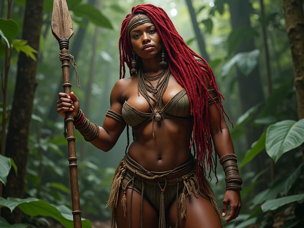 Best image quality, threaten, Has a spear, original, Primary forest, In underwear, ""Primitive clothing"", woman, Black Hair, Tying up hair, paint
