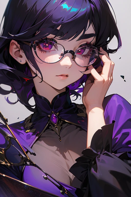 femele、purple haired(Long)、purple eyes、Black-rimmed glasses、Ring piercing on the earlobe、Lying in bed、languid look