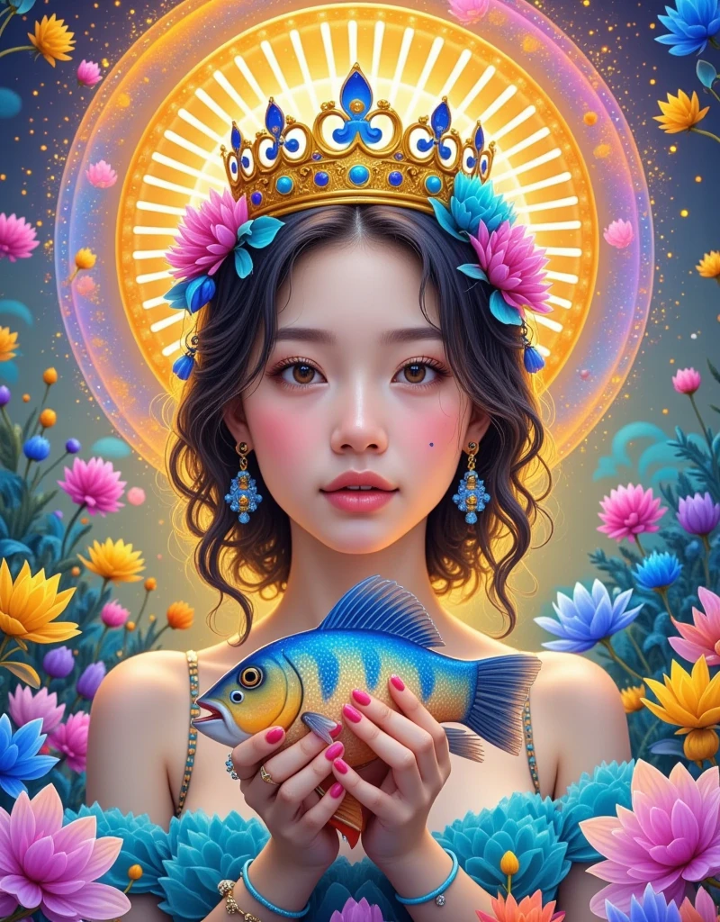 [Vision:1.0]，[Wide Angle:1.0]，Cartoon，A painting of a woman wearing a crown and a fish, Digital Art by Martine Johanna, tumblr, Pop surrealism, Pop surrealism art style, A beautiful art illustration, japanese Pop surrealism, Beeple 和 Jeremiah Ketner, Anna Dittmann (Anna Dittmann) style, Beautiful digital illustrations, Benjamin Lacombe, Exquisite digital illustrations, Pop-Surrealism, Fantasy illustrations, Light and Shadow，Fresh and natural，fairy tale，Rich colors，Abstract composition，Fantasy atmosphere，Dreamy emotions，3d, C4D rendering, 8k, super high detail, Bright colors，Bright，RGB, Colorful)，(High contrast:1.5)，(whole body:1.8), Magazine Photography， Popular on social platforms ，((Dopamineism))，(((Dopamine color matching)))，Facing the screen，Dopamine color，High Saturation， High Contrast， High Definition ，8k，Dopamine，(in the style of Y2K)，Luo Erchun，Three-dimensional ancient style，Oriental Poetry and Painting