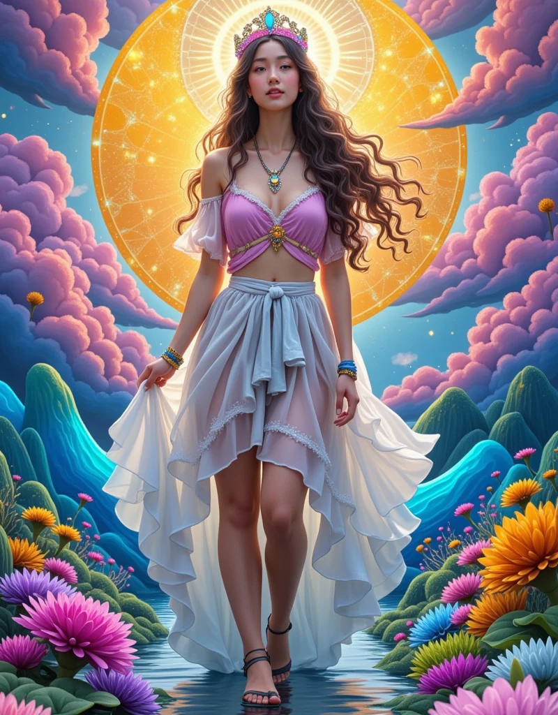 [Vision:1.0]，[Wide Angle:1.0]，Cartoon，A painting of a woman wearing a crown and a fish, Digital Art by Martine Johanna, tumblr, Pop surrealism, Pop surrealism art style, A beautiful art illustration, japanese Pop surrealism, Beeple 和 Jeremiah Ketner, Anna Dittmann (Anna Dittmann) style, Beautiful digital illustrations, Benjamin Lacombe, Exquisite digital illustrations, Pop-Surrealism, Fantasy illustrations, Light and Shadow，Fresh and natural，fairy tale，Rich colors，Abstract composition，Fantasy atmosphere，Dreamy emotions，3d, C4D rendering, 8k, super high detail, Bright colors，Bright，RGB, Colorful)，(High contrast:1.5)，(whole body:1.8), Magazine Photography， Popular on social platforms ，((Dopamineism))，(((Dopamine color matching)))，Facing the screen，Dopamine color，High Saturation， High Contrast， High Definition ，8k，Dopamine，(in the style of Y2K)，Luo Erchun，Three-dimensional ancient style，Oriental Poetry and Painting