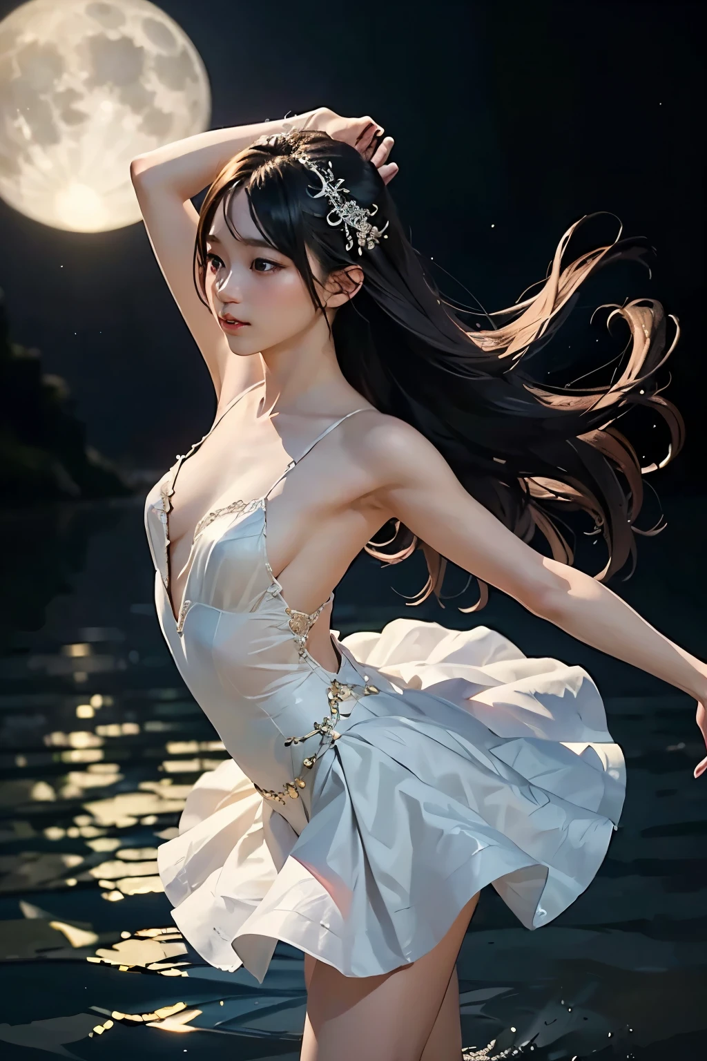is dancing on a quiet lake at dusk:
In this exquisite painting 、 scenes of elegance and serenity unfold in the colors of oil painting. 油彩の色合いで、 living with intricate details , her supple figure , dressed in a flowing tutu , A beautiful ballerina with her arms extended gracefully , moonlight、 Fantasy 、 Dramatic Lighting、Glitter Effect、Realistic photo、RAW Photos、Highest quality、 High Resolution 、masterpiece、wallpaper、8k、