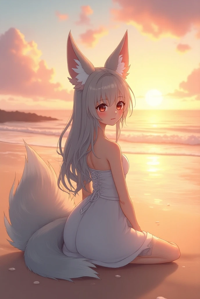 cute, young, li, flat breasts, catgirl, nude, happy, open mouth, hands in hair, on beach, fluffy white tail, long hair, proud, white hair, confident pose, long tail, standing upright, showing off, wide stance