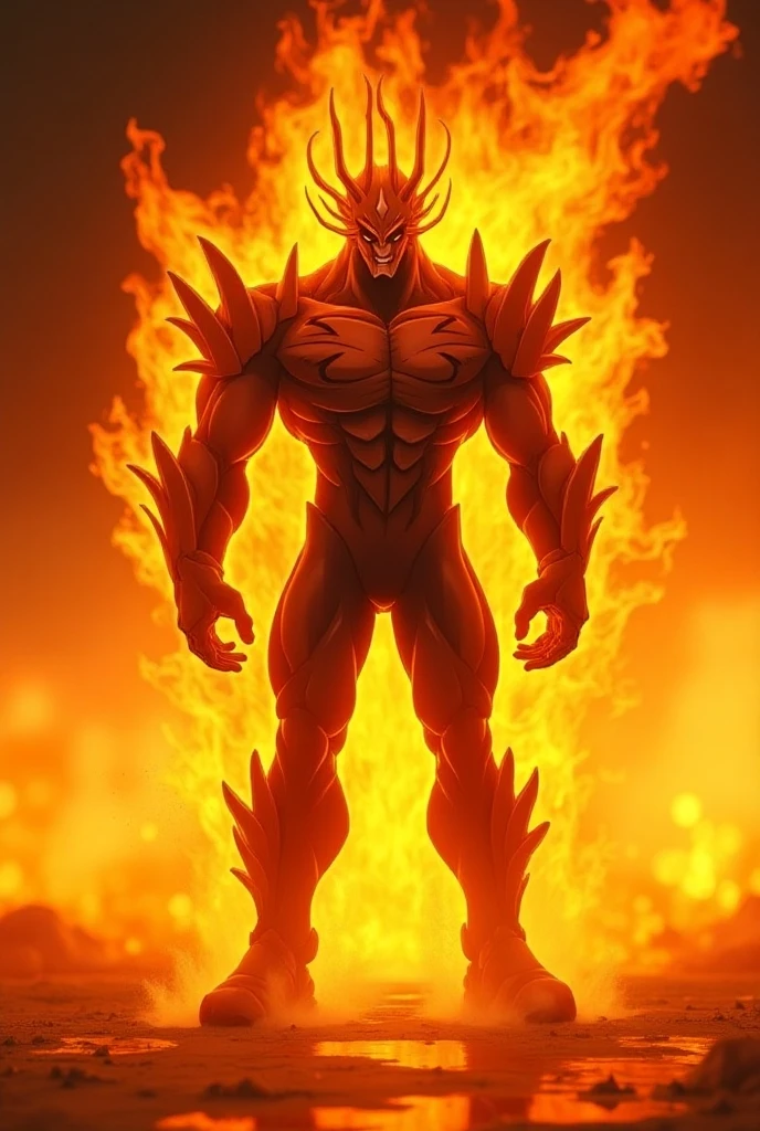 eruption of inner strength in the form of fire, A full-length man.
