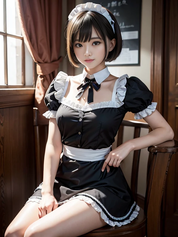 ​masterpiece、ultra-detailliert、8K、Awesome、short hair and black maid outfit、Maid Cafe、smil、Sitting on a chair、legs crossed