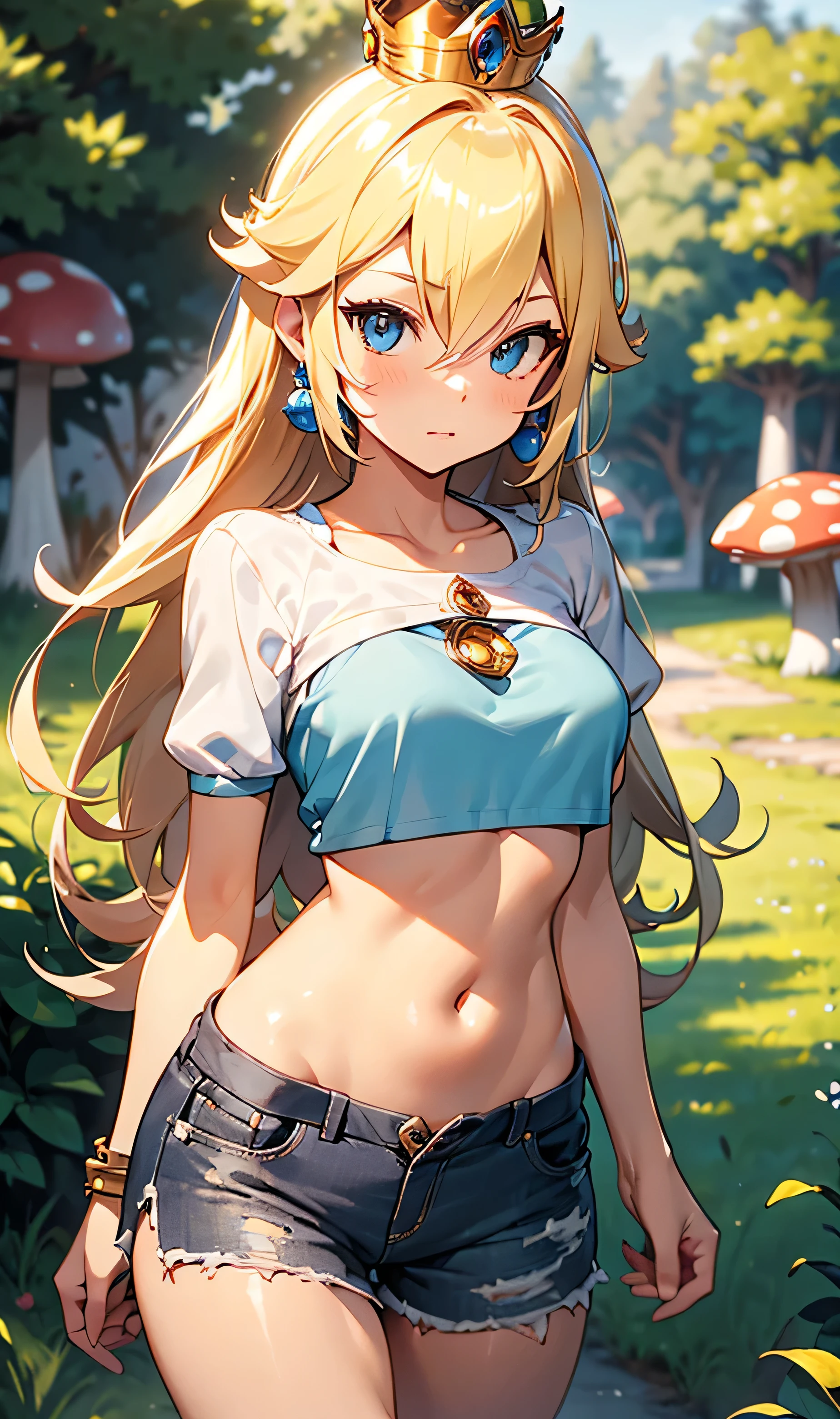 Rosalina, shorts, open pants, Loose pants, ripped pants, Pink interior, blue top, top with sleeves , Crop top,  long hair, blonde hair, blue eye,  hair over one eye , Small breasts, visible breasts,  top above the chest , flat stomach, golden crown, earrings, jewelry, Princess, full body, nice legs, curves, shiny skin, outdoors,  mushroom field ,  giant mushrooms, 