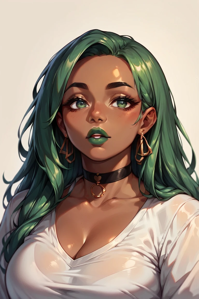 beautiful woman, ((african skin)), green hair, long hair, ((school)), green lipstick, black choker, green eyes, portrait, chubby, sensual look, posing
