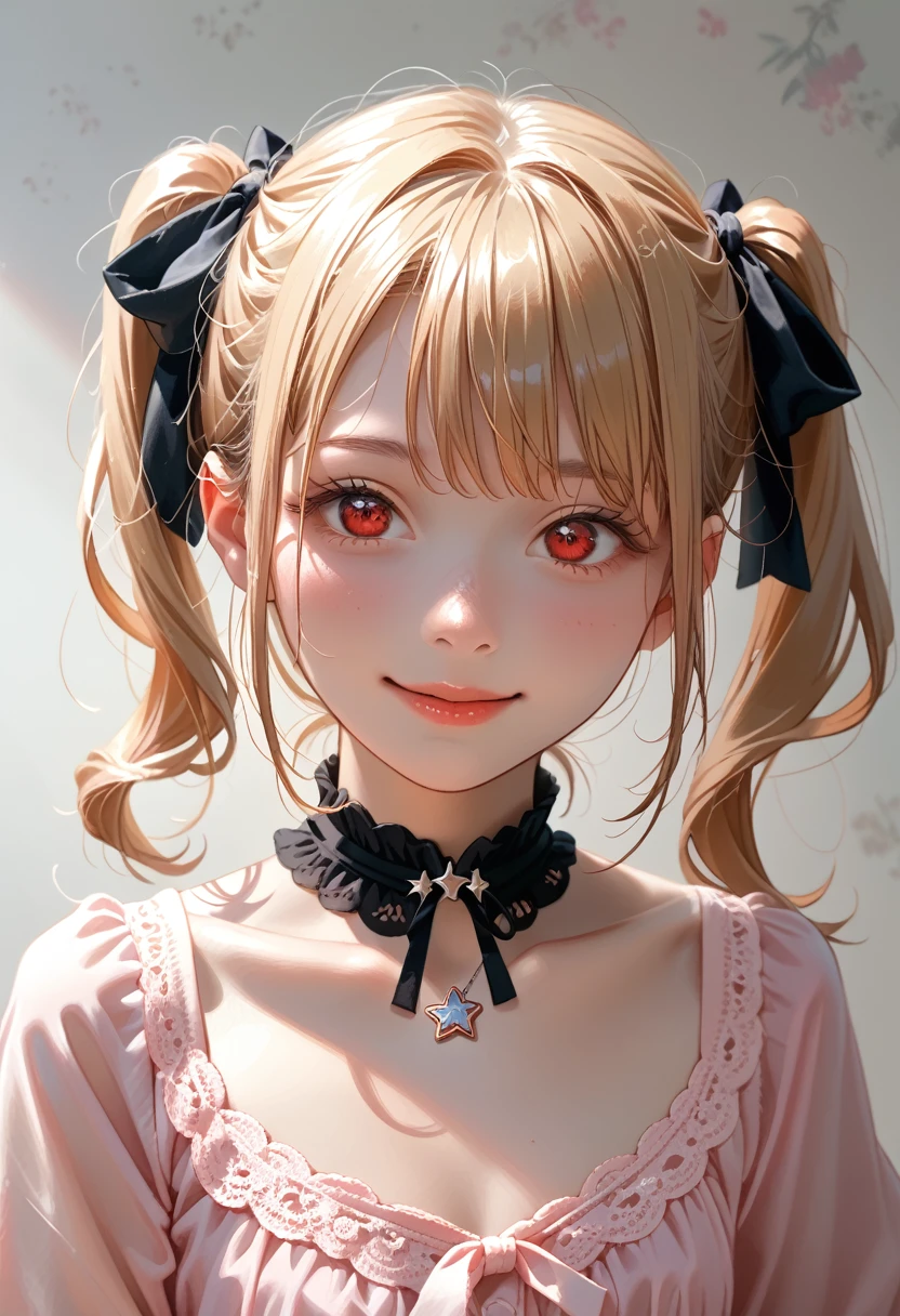 A close-up of a young girl in a **Jirai kei**-inspired outfit, combining dark lace with soft pastel colors,mesugaki, is staring down at the viewer with a look of smug disdain. Her blonde twin tails tied with black ribbons sway slightly as she tilts her head, her red eyes narrowing with a teasing, condescending smile. The **upper body** shot emphasizes her outfit with a dark ribbon choker and star pendant, drawing attention to her poised hands that seem to gesture mockingly. The background is blurred, with pastel lighting creating a soft, yet eerie atmosphere. **Jiraikei, upper body, condescending look, soft pastel background**.