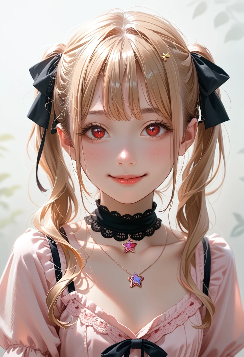 A close-up of a young girl in a **Jirai kei**-inspired outfit, combining dark lace with soft pastel colors,mesugaki, is staring down at the viewer with a look of smug disdain. Her blonde twin tails tied with black ribbons sway slightly as she tilts her head, her red eyes narrowing with a teasing, condescending smile. The **upper body** shot emphasizes her outfit with a dark ribbon choker and star pendant, drawing attention to her poised hands that seem to gesture mockingly. The background is blurred, with pastel lighting creating a soft, yet eerie atmosphere. **Jiraikei, upper body, condescending look, soft pastel background**.