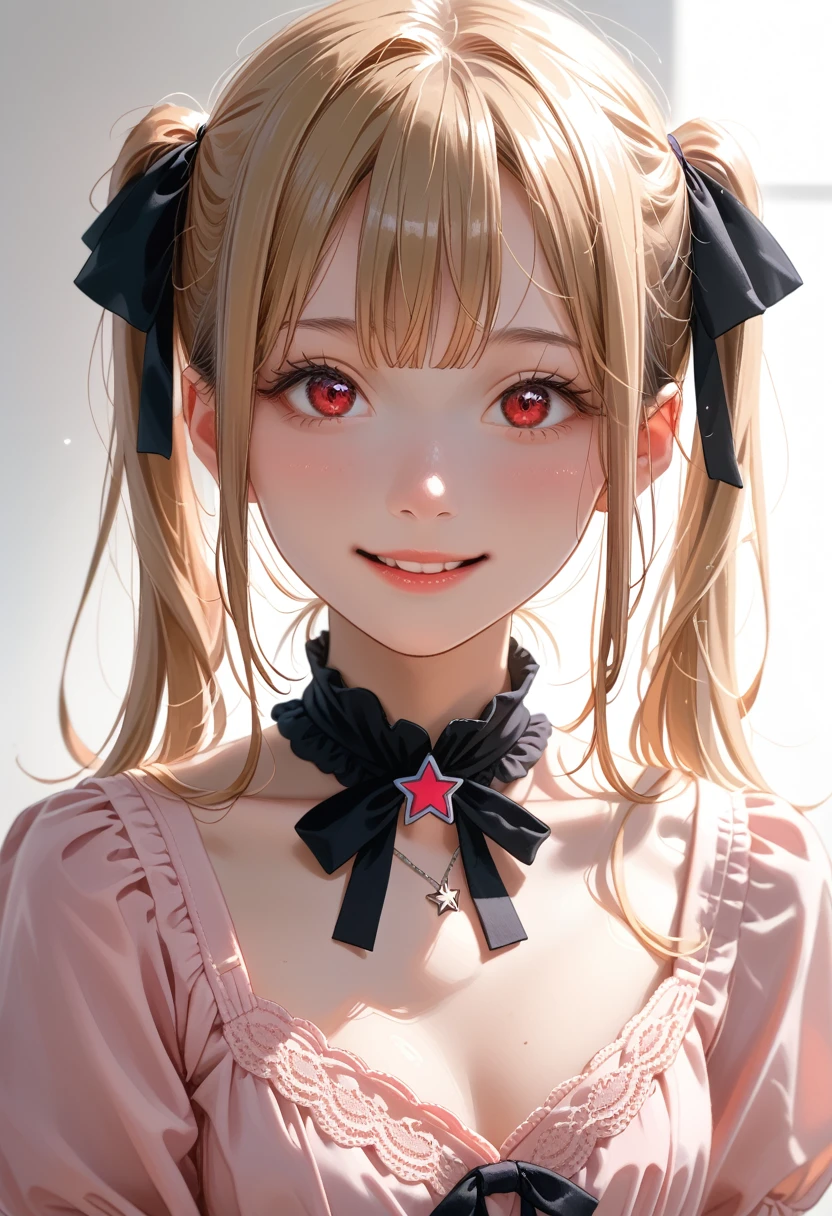 A close-up of a young girl in a **Jirai kei**-inspired outfit, combining dark lace with soft pastel colors,mesugaki, is staring down at the viewer with a look of smug disdain. Her blonde twin tails tied with black ribbons sway slightly as she tilts her head, her red eyes narrowing with a teasing, condescending smile. The **upper body** shot emphasizes her outfit with a dark ribbon choker and star pendant, drawing attention to her poised hands that seem to gesture mockingly. The background is blurred, with pastel lighting creating a soft, yet eerie atmosphere. **Jiraikei, upper body, condescending look, soft pastel background**.