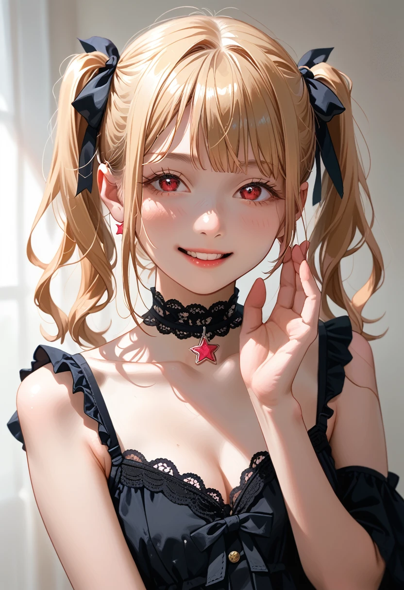 A close-up of a young girl in a **Jirai kei**-inspired outfit, combining dark lace with soft pastel colors,mesugaki, is staring down at the viewer with a look of smug disdain. Her blonde twin tails tied with black ribbons sway slightly as she tilts her head, her red eyes narrowing with a teasing, condescending smile. The **upper body** shot emphasizes her outfit with a dark ribbon choker and star pendant, drawing attention to her poised hands that seem to gesture mockingly. The background is blurred, with pastel lighting creating a soft, yet eerie atmosphere. **Jiraikei, upper body, condescending look, soft pastel background**.