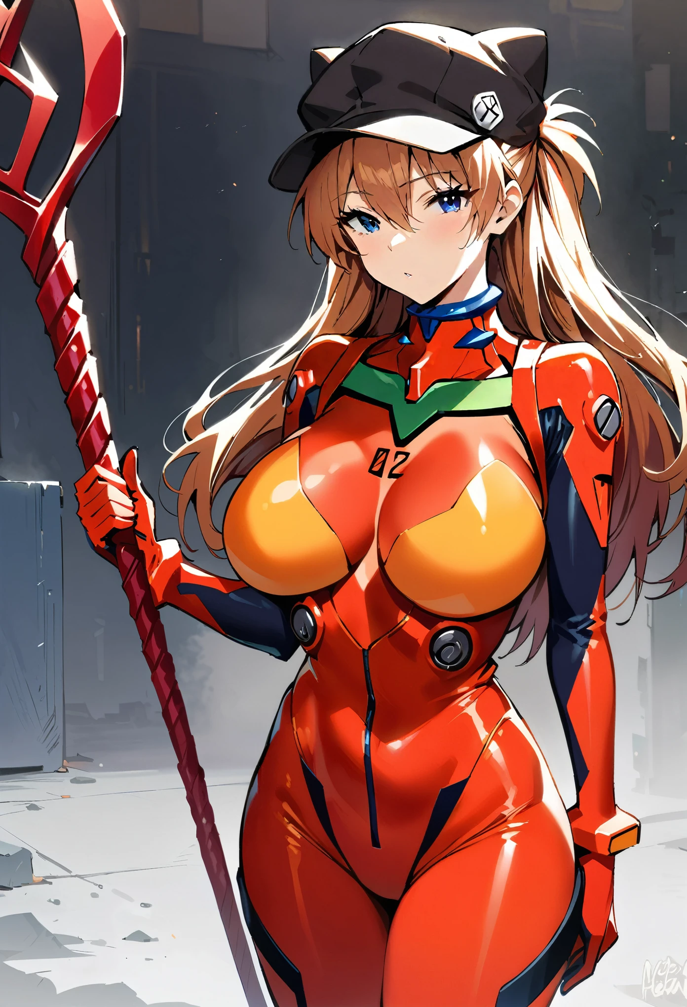 (masterpiece, best quality:1.2), 1girl, solo, souryuu asuka langley, neon genesis evangelion, rebuild of evangelion, lance of longinus, cat hat, plugsuit, pilot suit, red bodysuit,huge tit,