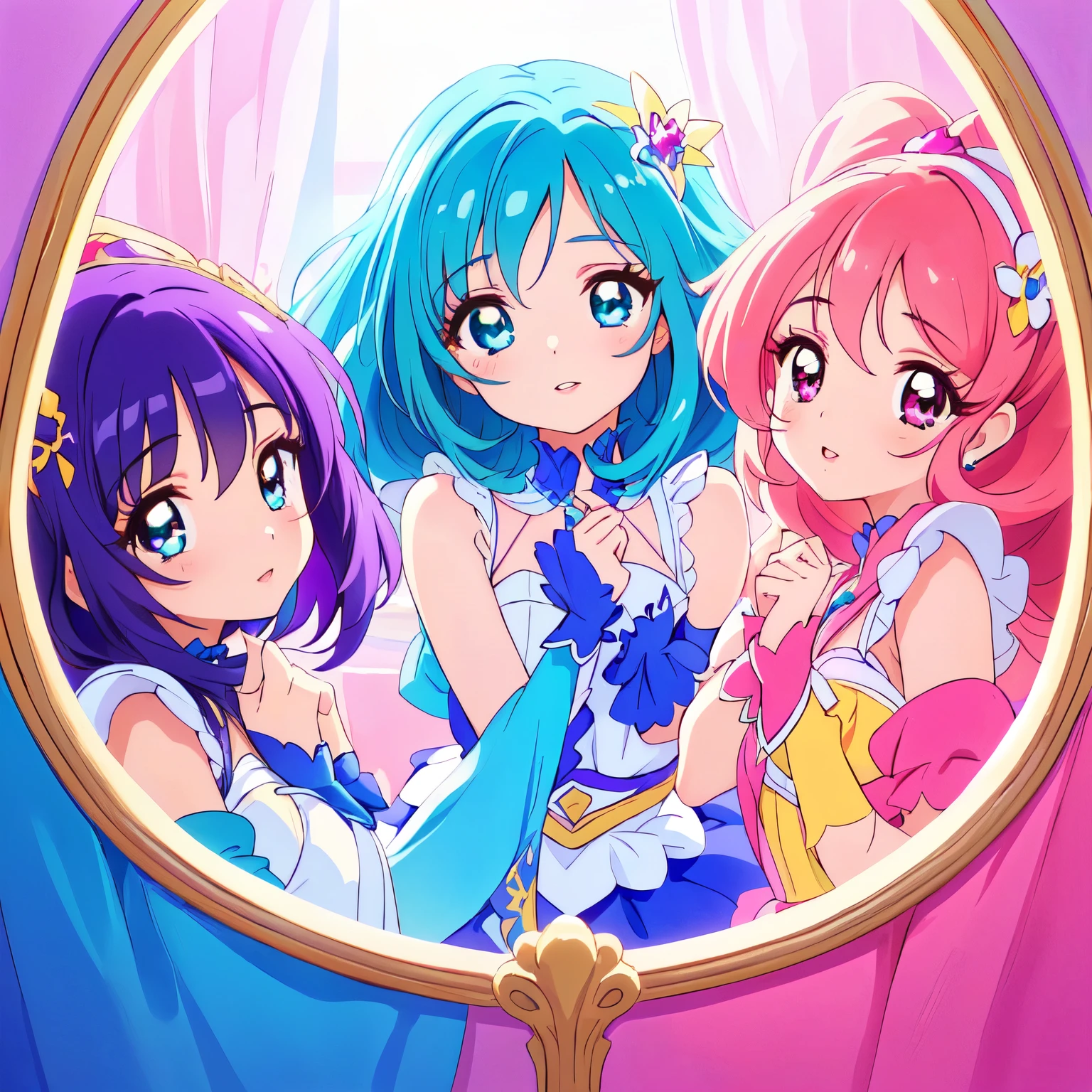 Three cute Pretty Cure girls,Fine facial features,  beautifully detailed eyes kept in the car , Beautiful detailed lips,  very detailed faces  ,Long eyelashes,Colorful costumes, dynamic pose,Fantasy Environment,Vibrant colors,Soft lighting, Digital Painting ,8k,Advanced Details,masterpiece