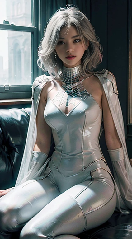 (CG Unity 8K wallpaper in extreme detail,tmasterpiece,Highest image quality),(Delicate light and shadow,The picture is highly dramatic,Cinematic lens effect),full bodyesbian,A girl in a short white Spider-Man dress,Silver-gray hair color,From the Spider-Man parallel universe,Wenger,Marvel,Spidey,sitting in the couch,dynamicposes),(Exceptional detail,The lighting effect is outstanding,Vista wide angle),(Excellent rendering,Enough to stand out from the crowd),The focus is on the white Spider-Man costume,Complex spider textures