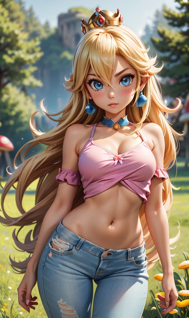 Rosalina, shorts, open pants, Loose pants, ripped pants, Pink interior, blue top, top with sleeves , Crop top,  long hair, blonde hair, blue eye,  hair over one eye , Small breasts, visible breasts,  top above the chest , flat stomach, golden crown, earrings, jewelry, Princess, full body, nice legs, curves, shiny skin, outdoors,  mushroom field ,  giant mushrooms, 