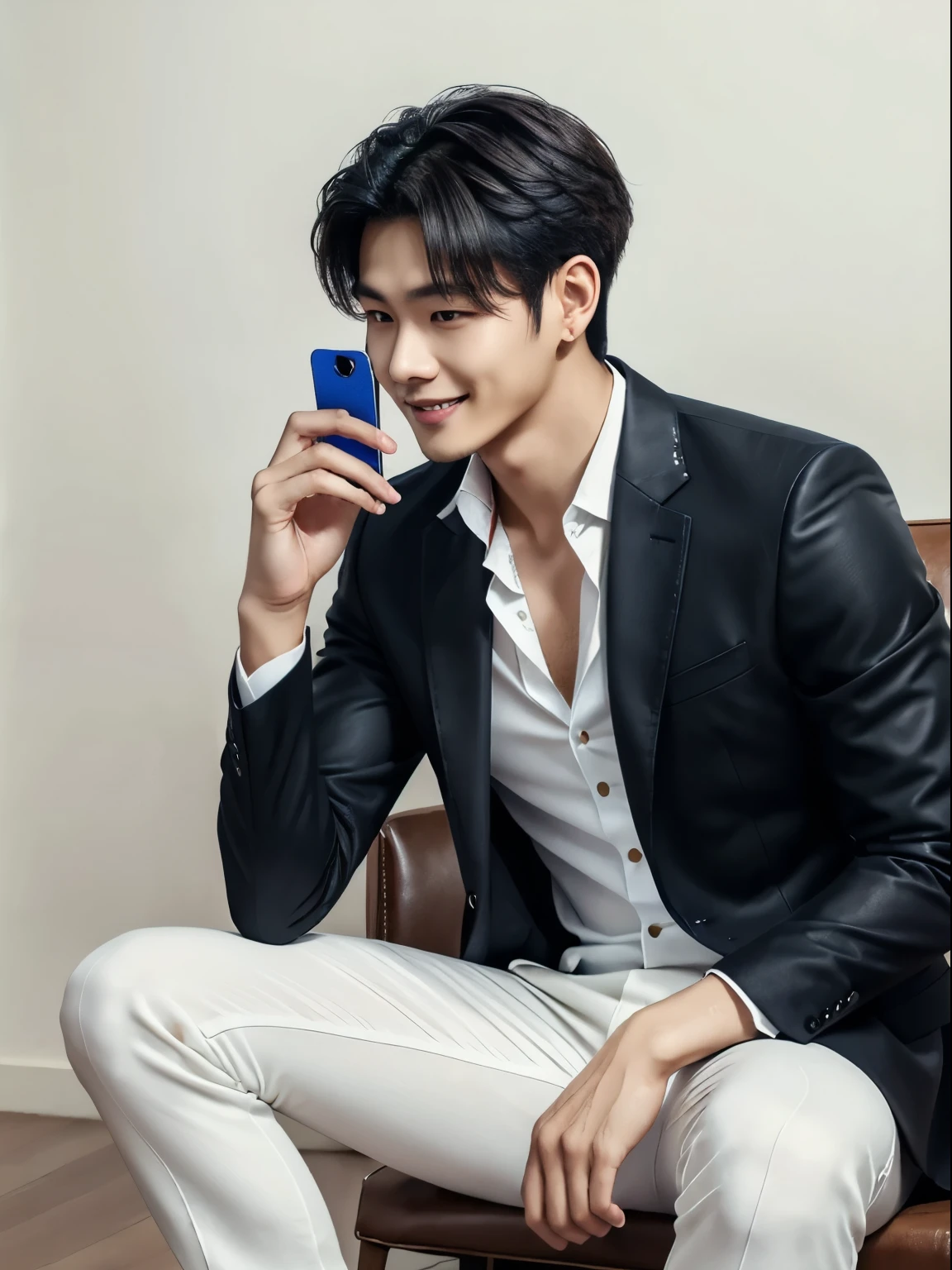 ( detailed beautiful eyes and  detailed face, masterpiece side light, masterpiece,  Best quality,  detailed, High resolution illustrations), (1 man,  Handsome man with shiny skin , Looking Down, Looking at the phone), White shirt，Black suit pants，Crossing your legs，leather shoes， 45 degree side face, Front view,  sideways, (Hand details)，Holding a mobile phone，Smiling at the phone ，Gentle expression，Xiao Zhan，handsome guy，Bright eyes