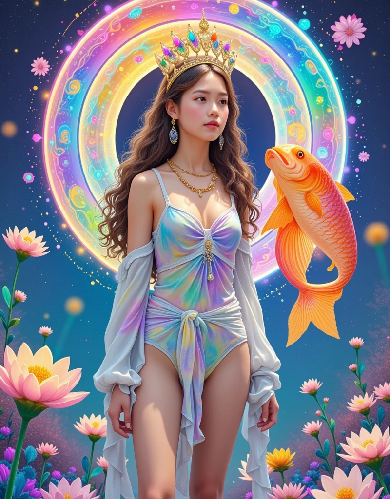 [Vision:1.0]，[Wide Angle:1.0]，Cartoon，A painting of a woman wearing a crown and a fish, Digital Art by Martine Johanna, tumblr, Pop surrealism, Pop surrealism art style, A beautiful art illustration, japanese Pop surrealism, Beeple 和 Jeremiah Ketner, Anna Dittmann (Anna Dittmann) style, Beautiful digital illustrations, Benjamin Lacombe, Exquisite digital illustrations, Pop-Surrealism, Fantasy illustrations, Light and Shadow，Fresh and natural，fairy tale，Rich colors，Abstract composition，Fantasy atmosphere，Dreamy emotions，3d, C4D rendering, 8k, super high detail, Bright colors，Bright，RGB, Colorful)，(High contrast:1.5)，(whole body:1.8), Magazine Photography， Popular on social platforms ，((Dopamineism))，(((Dopamine color matching)))，Facing the screen，Dopamine color，High Saturation， High Contrast， High Definition ，8k，Dopamine，(in the style of Y2K)，Luo Erchun，Three-dimensional ancient style，Oriental Poetry and Painting