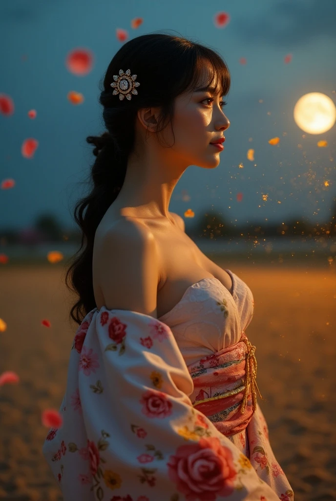 1girl, breasts, moon, lantern, (night), (nighttime), solo, normal breasts, hair ornament, wet, kimono, japanese clothes, wading, water, hair flower, flower, outdoors, sky, full moon, rain, black hair, off shoulder, mountain, cloud, holding, sash, bare shoulders, paper lantern, standing, sheer white kimono with orange flowers, (night sky, beautiful sky, beautiful clouds), sideboob, obi, wet clothes, bangs, tree, from side, reflection, short hair, cloudy sky, wet hair, (extremely detailed CG unity 8k wallpaper),best quality,solo,1girl,cinematic lighting,detailed background,beautiful detailed eyes,bright pupils, (an extremely delicate and beautiful),(Beautiful and detailed eyes)(ultra-detailed,masterpiece), perfect body, volumetric lighting, subsurface scattering, perfect lighting, perfect shading, ((2d)), (photorealistic:1.6), (mature adult:1.45)
(((art by adam hughes)))
(masterpiece, award winning, best quality:1.3), <lora:LowRA_v20:0.9>, ((face light)),