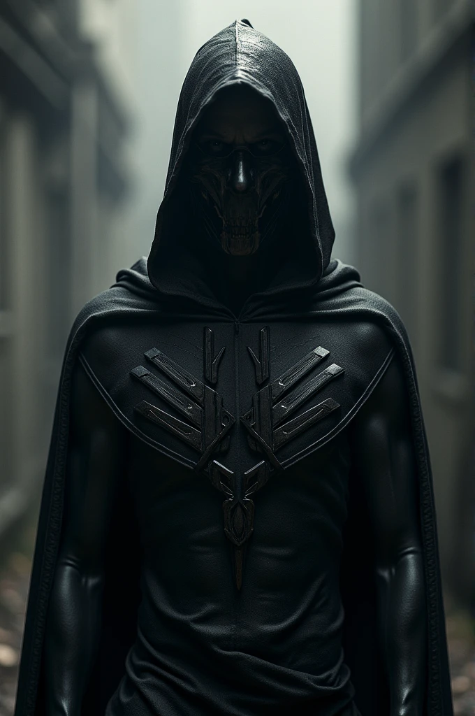 Mystical dark sinister creature, Death-like, very tall like Slenderman, very thin, completely black, thin and cadaverous face extremely thin, thin, looks like armor but it is his body, all black, glowing eyes, a cloak over his body, hood on his head, purple energy in one of his hands. In