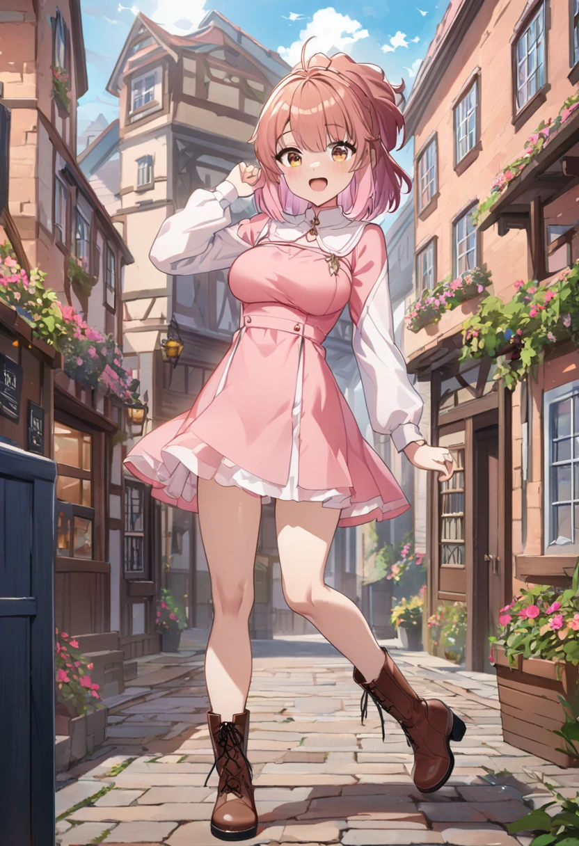 Best quality painting 、8k、Ultra-precise image quality、Young girl、Very cute、Normal size breasts、Slender body、bright pink half up、A vibrant town、Pink dress、 brown leather boots 、