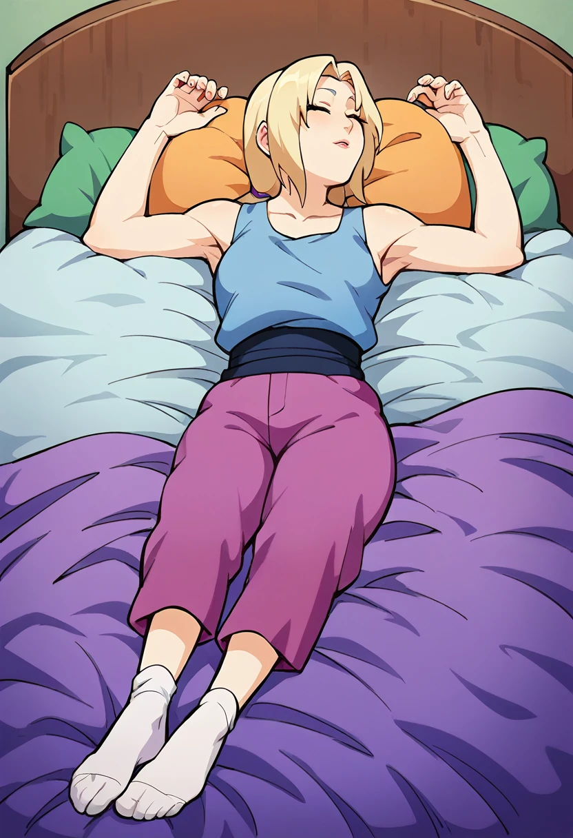 (Caucasian ethnicity) masterpiece, 4k, High quality, Tsunade\(Naruto Shippuden\), Dressed in baggy purple pants, big pants, beautiful pants, At home, sleeping with the smell of your feet, He sleeps in his bed on his back, legs and arms open, wearing white socks, spread out on the bed, lying down, dreaming about his sister, very tender and cute, egg