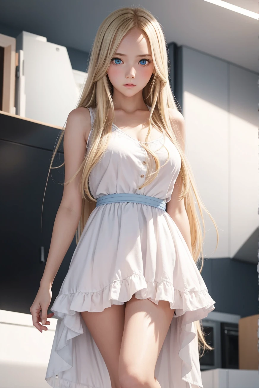 ((((best quality, 8k)))), (((blonde, small flat breasts))), ((beautiful woman, nightgown)), long wavy hair, bedroom