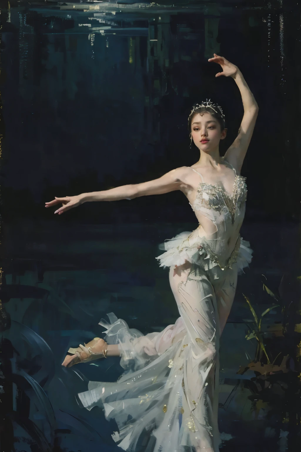 is dancing on a quiet lake at dusk:
In this exquisite painting 、 scenes of elegance and serenity unfold in the colors of oil painting. In shades of oil painting、 living with intricate details , her supple figure , dressed in a flowing tutu , A beautiful ballerina with her arms extended gracefully , moonlight、 Fantasy 、 Dramatic Lighting、Glitter Effect、Realistic photo、RAW Photos、Highest quality、 High Resolution 、masterpiece、wallpaper、8k、