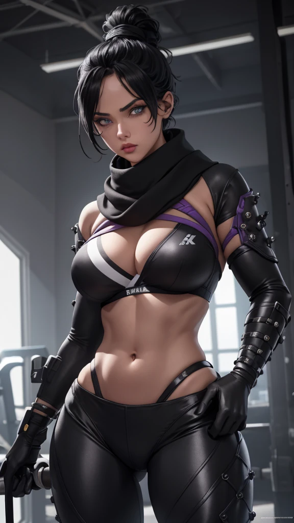 Foto de corpo inteiro, pose sexy, (Highly detailed CG Unity 8k wallpaper),(masterpiece), (highest quality), (super detailed), (Best Illustration),(best shadow), Wraith apex legends, pretty face focus, Masterpiece artwork, best qualityer, kissshotms, 1 girl, natta, Efeito de Luz, Masterpiece artwork, best qualityer, 1 girl, micro bikini, mature woman, breasts big, 8k, UHF, (abdomen, )muscular woman, Waist slender, detailedeyes, FGO1, 1stClothing, 1 girl, solo, hair bun simples, hair bun, scarf, sultry posing, Bblack hair, black scarf, blue colored eyes, bangss, bangss distributed, Hair behind the ear, mitts, piercing no nariz, mitts pretas