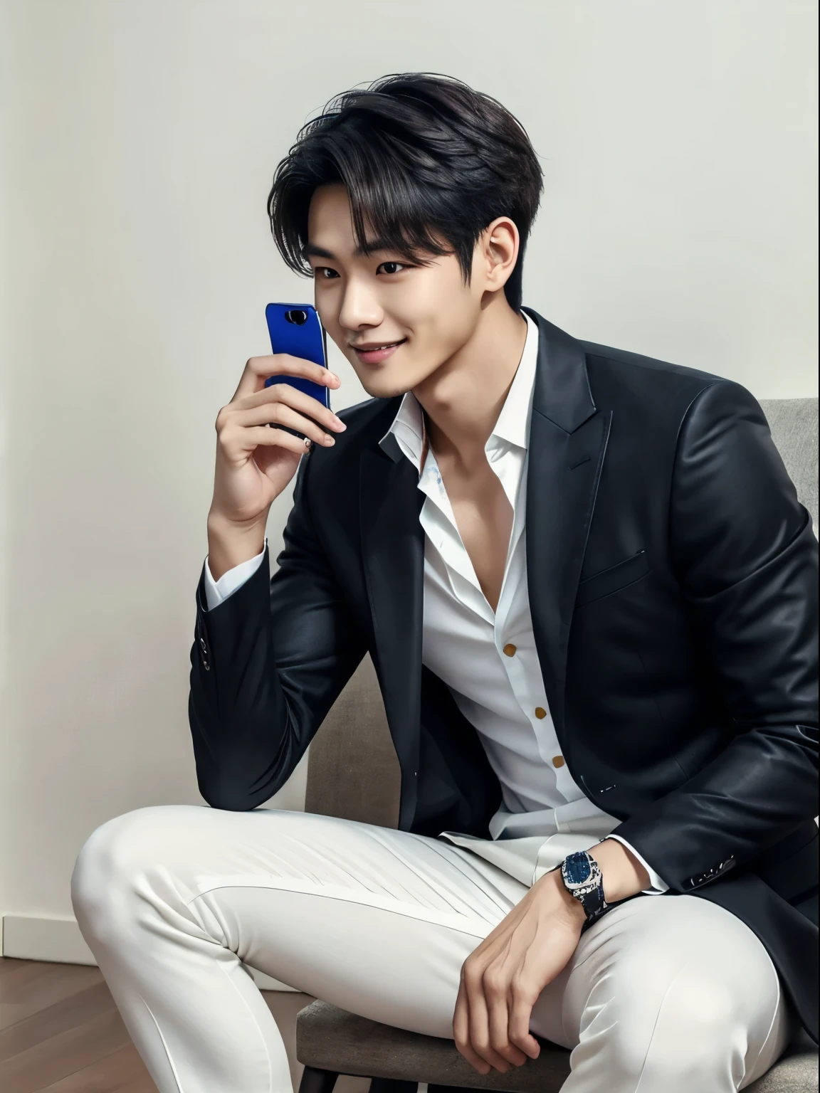 ( detailed beautiful eyes and  detailed face, masterpiece side light, masterpiece,  Best quality,  detailed, High resolution illustrations), (1 man,  Handsome man with shiny skin , Looking Down, Looking at the phone), White shirt，Black suit pants，Crossing your legs，leather shoes， 45 degree side face, Front view,  sideways, (Hand details)，Holding a mobile phone，Smiling at the phone ，Gentle expression，Xiao Zhan，handsome guy，Bright eyes，Keep your phone away from your eyes