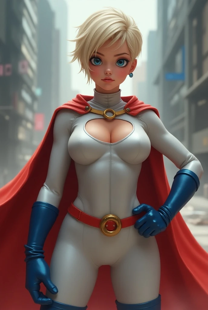 Powergirl the superhero has been hypnotized and is staring into the camera. Her huge breasts are straining against the fabric of her outfit and spilling out of the hole over her bust, floating in air