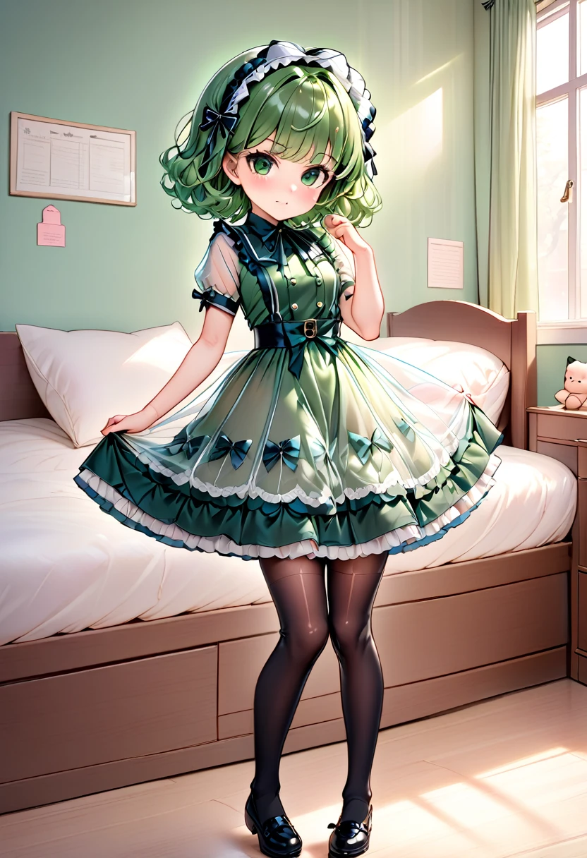 (very young girl, young, very low height, , low length, 80 cm, low length, small head), (Full body display down to the toes, Young face) , (Standing next to the bed, bed room, Fairytale-like room ), (A triumphant look, Frowning, こちらを Staring , An extraordinary smile with only the lips ,  Staring , small lips, cute face, very young face ), (beautiful detail), ( Very profuse sweating), Erotic, (Thin limbs, Small waist, Small Ass), Best Quality, Highest quality, (), (No makeup, Young face, Cute face, Green Eyes ), (No socks on), (cute face), (Short limbs like a , , Very short stature, , , very young, Little person syndrome, Very young, Kindergarteners), Erect nipples, Young Tatsumaki, (Erotic tan lines, Tanned skin),  (wearing very sexy Sweet-Lolita fashion dress, I'm wearing light blue panties made of transparent thin fabric , The fabric is very thin 、I'm wearing clothes that look almost transparent ,  I'm wearing clothes that look transparent {x} A skirt that is very short enough to make my panties fully visible,  I'm wearing transparent clothes 、Underwear and skin can be seen through ), Her breasts are super large, Tatsumaki,  wearing black knee-highs shows off her panties by flipping through her skirt, 黒いニーハイを履いている