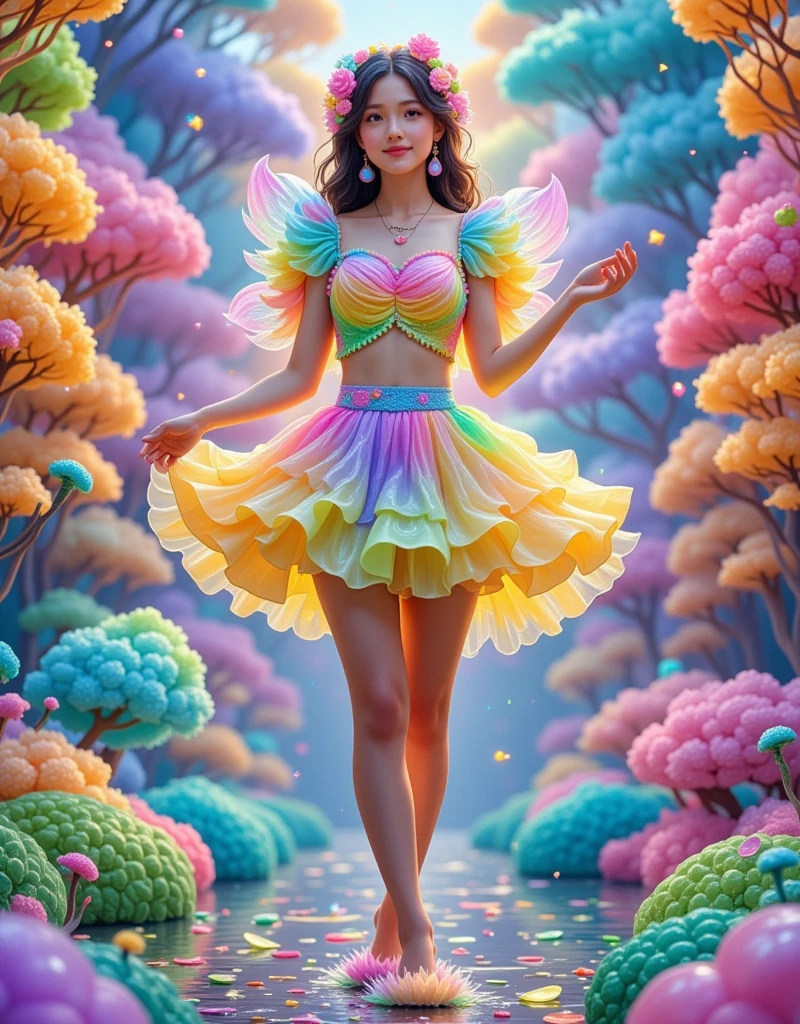 [Vision:1.0]，[Wide Angle:1.0]，Cartoon，Vision, Product Photography, Rainbow Jelly, decorated with sugar crystals and colourful fondant, amusement park made of candy, ice cubes, high resolution, Light and Shadow，Fresh and natural，fairy tale，Rich colors，Abstract composition，Fantasy atmosphere，Dreamy emotions，3d, C4D rendering, 8k, super high detail, Bright colors，Bright，RGB, Colorful)，(High contrast:1.5)，(whole body:1.8), Magazine Photography， Popular on social platforms ，((Dopamineism))，(((Dopamine color matching)))，Facing the screen，Dopamine color，High Saturation， High Contrast， High Definition ，8k，Dopamine，(in the style of Y2K)，Luo Erchun，Three-dimensional ancient style，Oriental Poetry and Painting