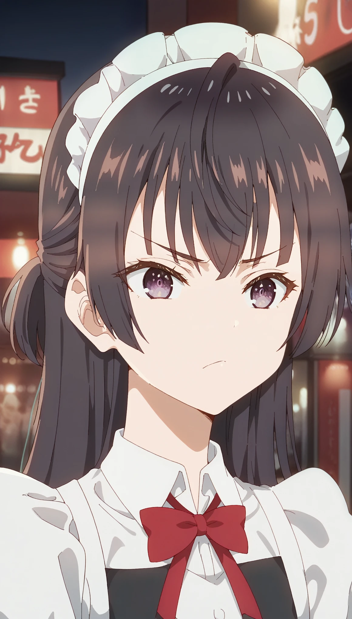  1 girl, Yuki Houjou (sometimes Blurring Arya in Roshia at night), Alone, bangs, Black Hair , Blur, background Blur, cheek, Ribbon bow tie, Purple eyes, Brown Hair, Long Hair,  Eyebrows Can Be Seen Through Hair, Modest chest, (((red cheek))), Maid uniform, Cinema Lighting, Dramatic Colors , 8k, High image quality, A detailed masterpiece.