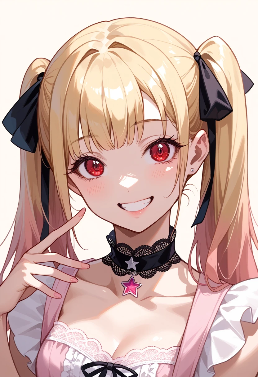 A close-up of a young girl in a **Jirai kei**-inspired outfit, combining dark lace with soft pastel colors,mesugaki, is staring down at the viewer with a look of smug disdain. Her blonde twin tails tied with black ribbons sway slightly as she tilts her head, her red eyes narrowing with a teasing, condescending smile. The **upper body** shot emphasizes her outfit with a dark ribbon choker and star pendant, drawing attention to her poised hands that seem to gesture mockingly. The background is blurred, with pastel lighting creating a soft, yet eerie atmosphere. **Jiraikei, upper body, condescending look, soft pastel background**.