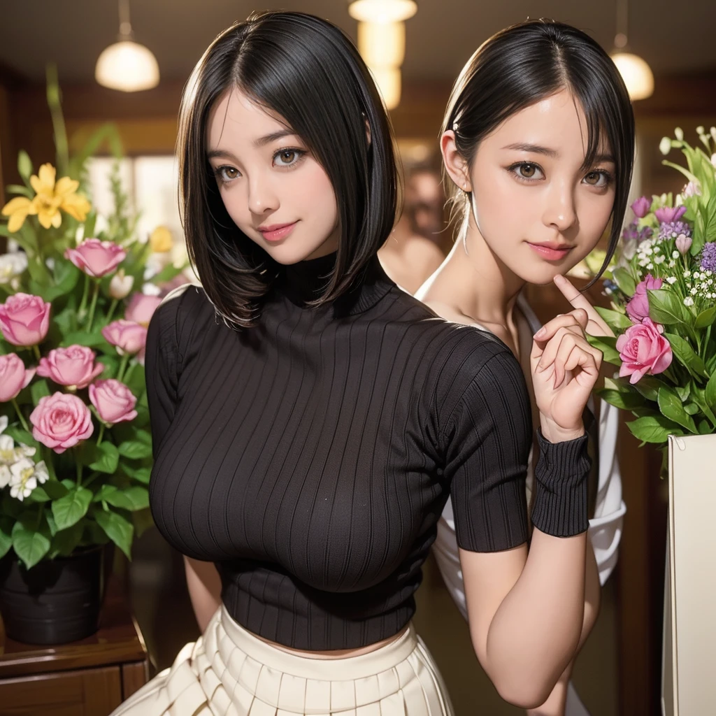 a beautiful mature 55-year-old japanese woman, married woman, aunt, fine lines, long eyelashes, glowing eyes, short bob haircut, (choker), (deep red lipstick), elegant, slim figure, rosy cheeks, pearl necklace, earrings, cute smile, ((floral summer dress)), beautiful body lines, cleavage, full body focus, photographed in a crowded train, nsfw