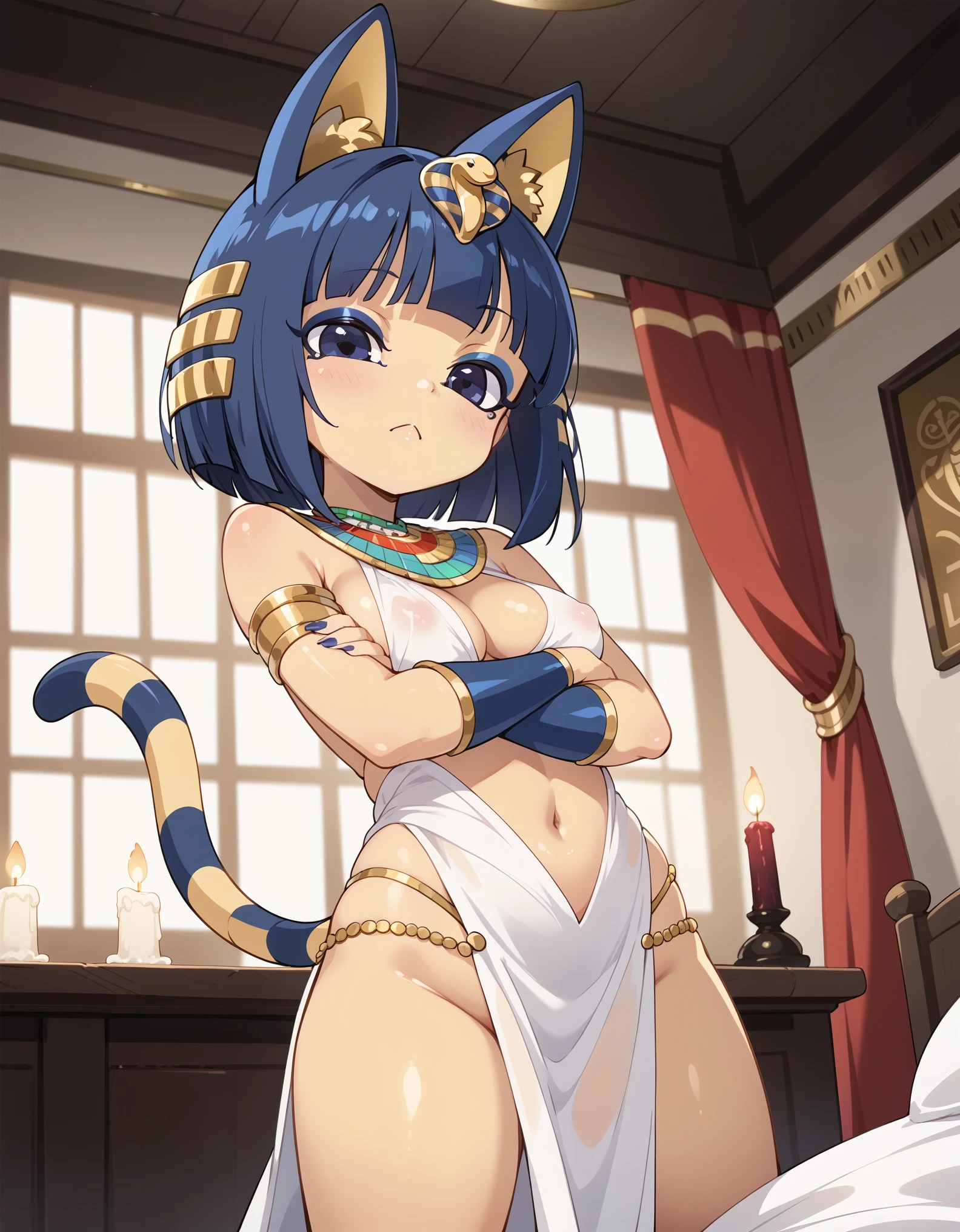 score_9, score_8_up, score_7_up, BREAK source_anime, anime screencap,, bust portrait, front view, low-angle view, looking down, female on top, solo, toony, ankha \(animal crossing\), crossed arms, egyptian clothing, standing, BREAK, flat colors, ankha zone, by Garry Winogrand, by Edward Rusch, detailed background, detailed foreground, depth of field, ambient silhouette, backlighting, inside, altar, room, foggy, candle light