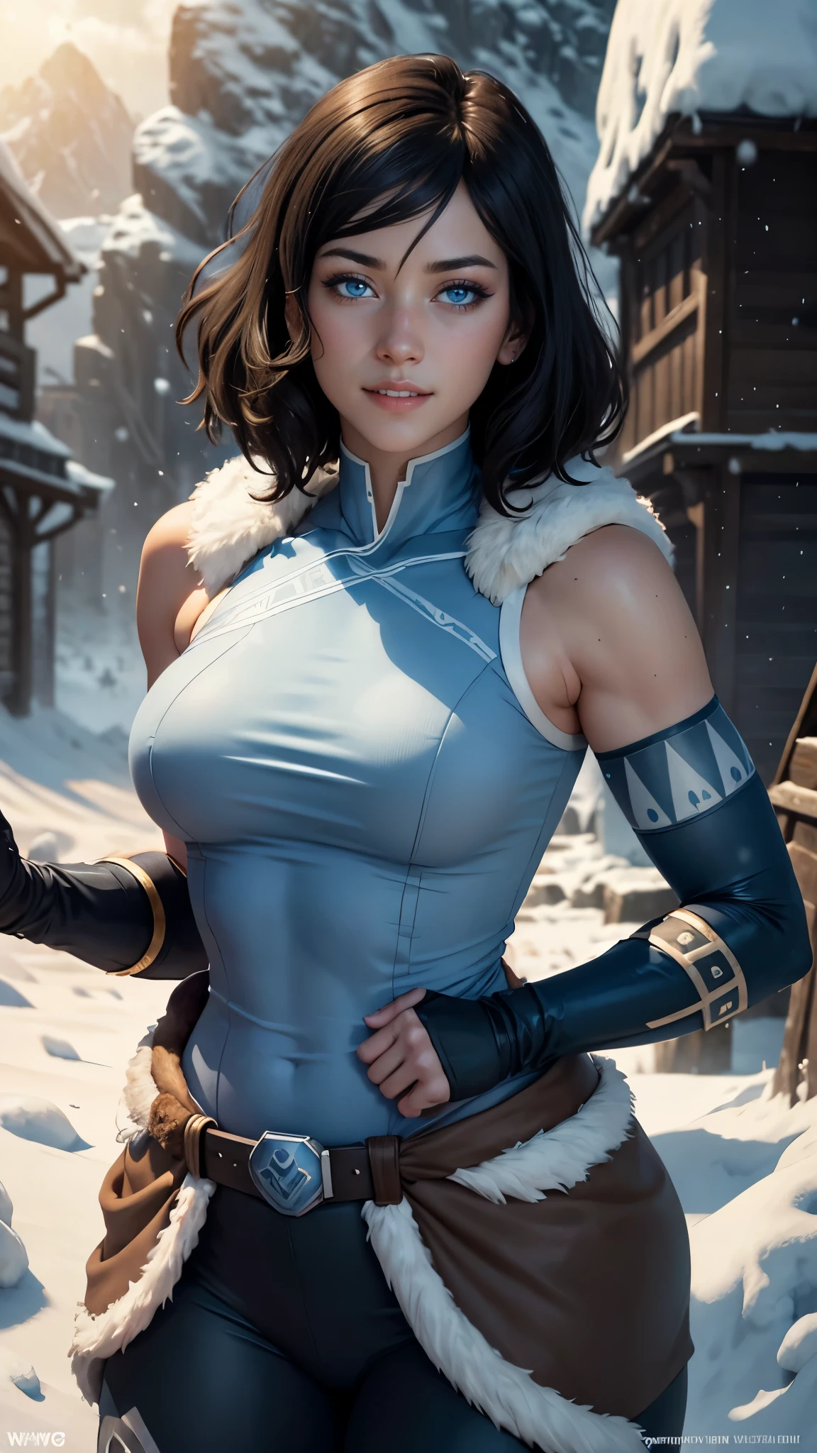 Korra da avatar,(best quality, 4K,8k,high resolution,work of art:1.2)(weather: sunrise), tundra background, artic village, wide hips, short curly hair, brown hair, freckles, sleeveless fur leotard,  fur belt, leggings, fur boots, elbow long gloves, light makeup, dark eyeshadow, sexy pose, ultra detailed,portrait,realistic,beautiful detailed blue eyes, beautiful detailed lips,extremely detailed eye and face, long eyelashes,average, large breasts,flying hair,beaming smile, sexy smile, powerful girl, bright coloured, dramatic lighting, snowing,