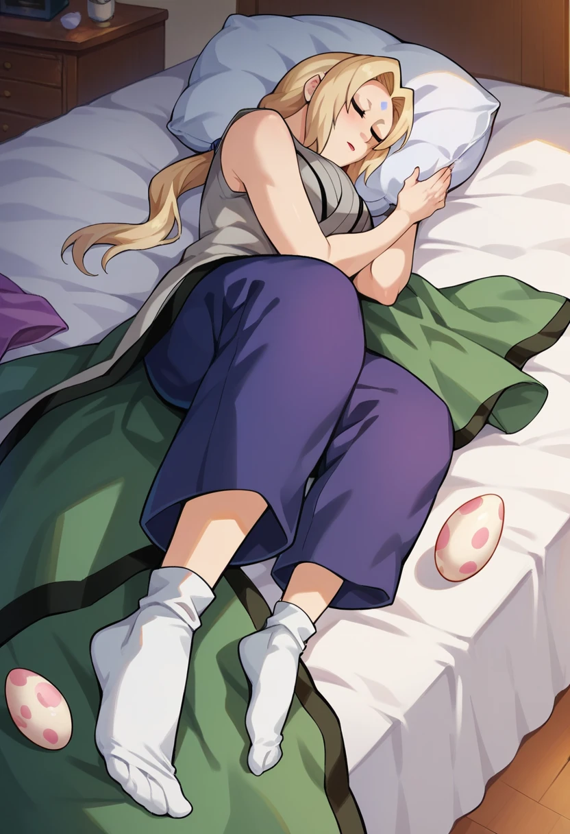 (Caucasian ethnicity) masterpiece, 4k, High quality, Tsunade\(Naruto Shippuden\), Dressed in baggy purple pants, big pants, beautiful pants, At home, sleeping with the smell of your feet, He sleeps in his bed on his back, legs and arms open, wearing white socks, spread out on the bed, lying down, dreaming about his sister, very tender and cute, egg