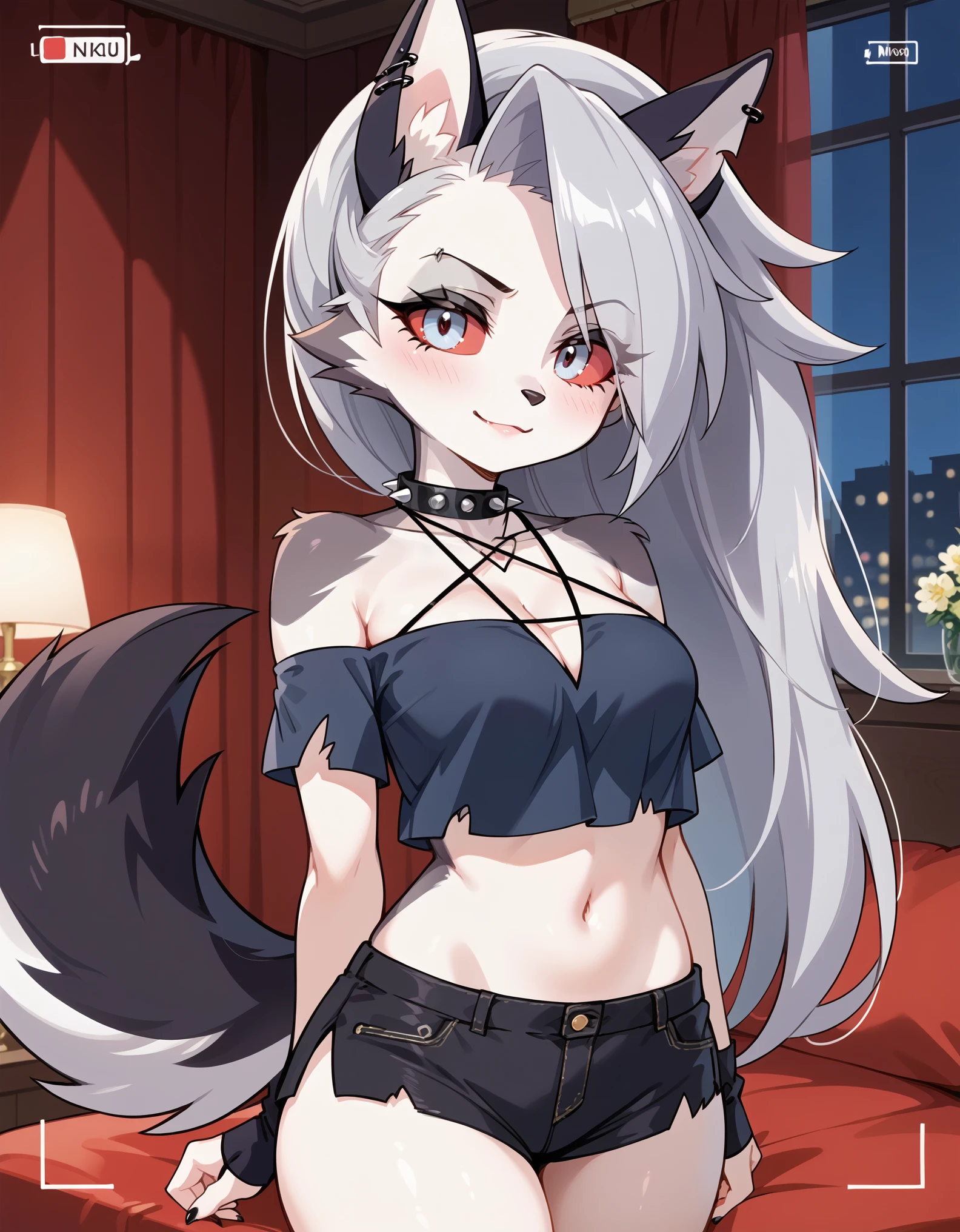 score_9, score_8_up, score_7_up, BREAK source_anime, anime screencap,, (Vivziepop style), anthro, canid, canid demon, demon, female, hellhound, helluva boss, instagram, (loona), mammal, midriff, official art, red sclera, safe content, shoulderless shirt, solo, long grey hair, (by vivzmind)