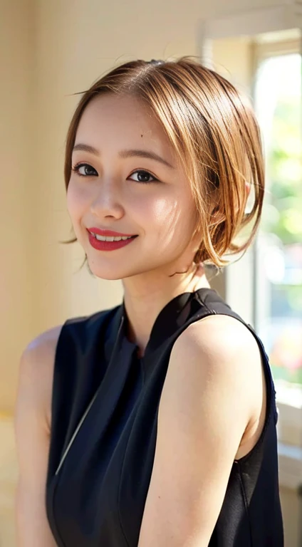 a close up of a woman in a black dress posing for a picture