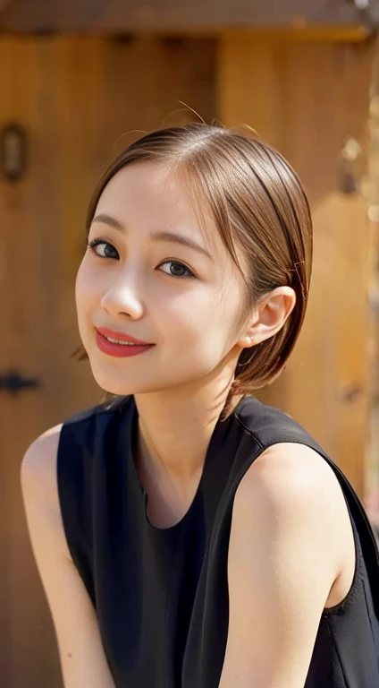 downbrouse、(leaning-forward:1.3)、(oversize tshirt、Loose-fitting T-shirt、Low Cut T-Shirt:1.2)、(top-quality、8K、32K、masterpiece)、(Detailed bra)、japanes、28 year old、Very pretty girl、a beauty girl、crouching down、Bright smile、outside of house、shinny skin、blurry backround、short-cut、Upper body close-up、Shot from above
