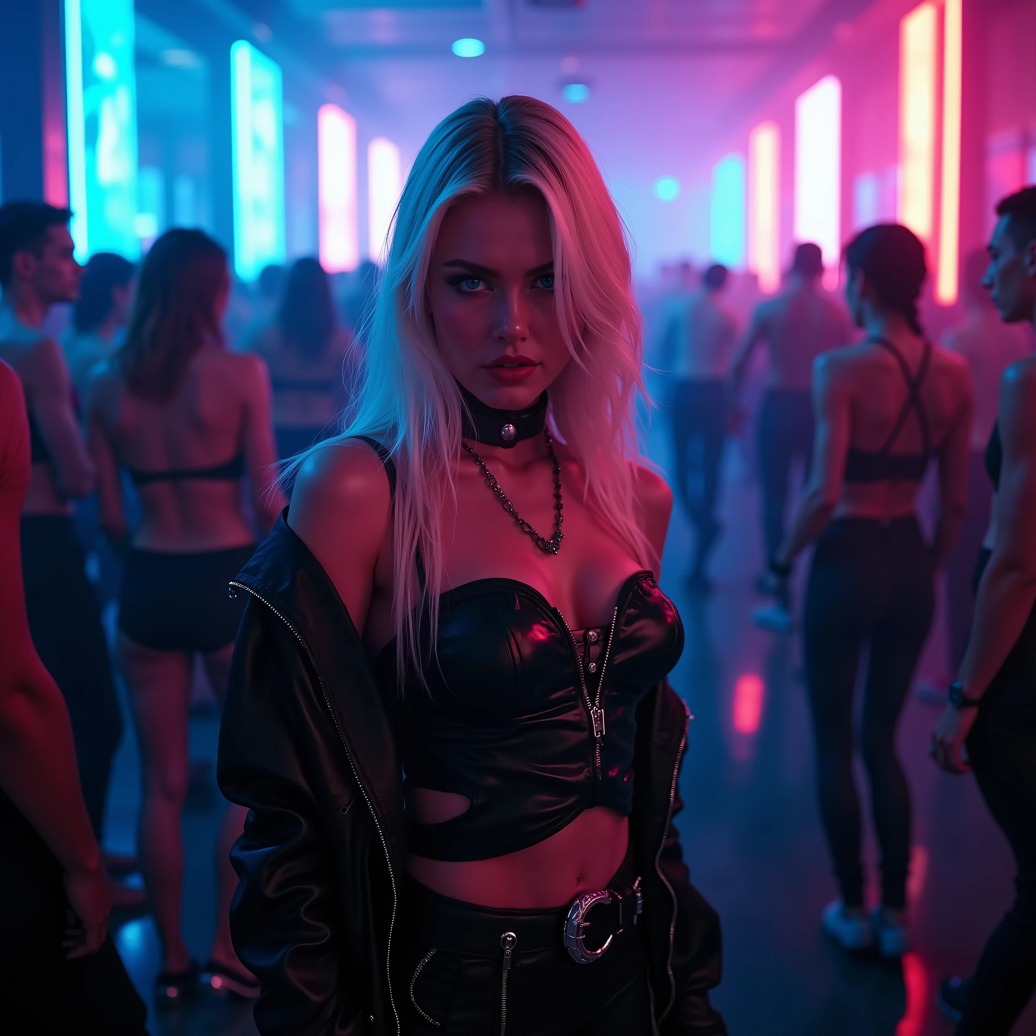A SEXY 30 YEAR OLD FEMALE WITH BLONDE HAIR, BLUE EYES WEARING A BLACK SEXY BRA, A SHORT BLUE PLEATED SKIRT WITH A YELLOW LEATHER BELT AND YELLOW TRIM, AND TALL RED HEELED BOOTS, HANDS ON HIPS LOOKING AT VIEWER. INCREDIBLE DETIALS, 8K RESOLUTION. DYNAMIC BACKGROUND.