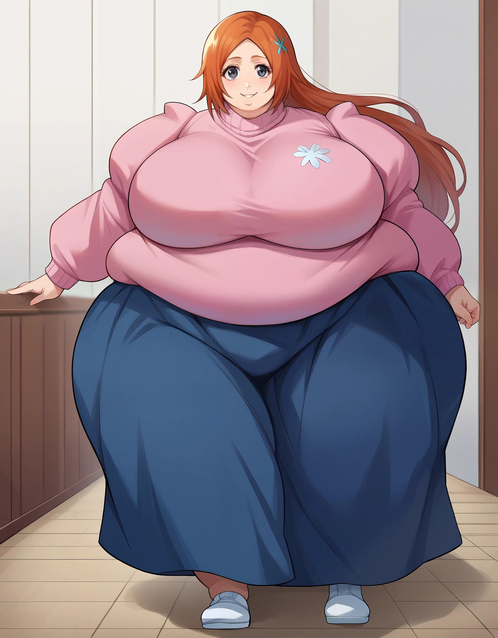 score_9, score_8_up, score_7_up, source_anime, inoueorihime, inoue orihime, long hair, orange hair, grey eyes, smile, sweater, pink sweater, long sleeves, puffy sleeves, skirt, blue skirt, long skirt, indoors, looking at viewer, cowboy shot, dutch angle, dynamic pose, fat, chubby, obese, full body shot, gigantic arms and 