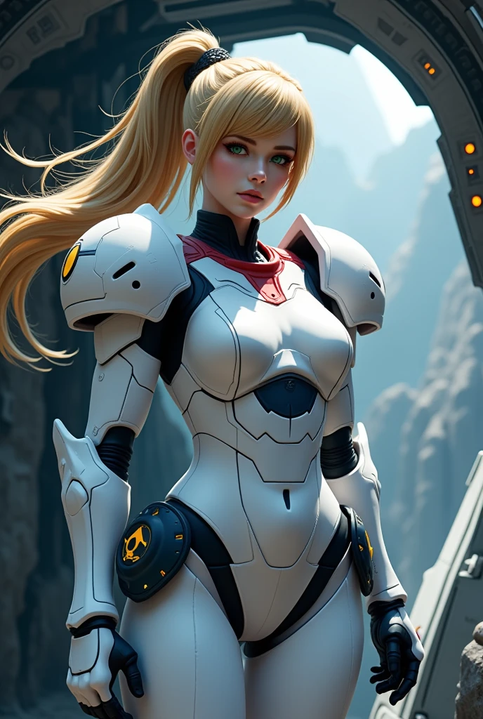 Perfect human body modeling, 1girl, pretty face, angry, drill hair, twin drills, shiny blonde Long hair, Beautiful blue eyes, huge breasts, Short body, white skin, ears in robot style, red powered armor, full armor, powered leg, Space suits, planetary exploration