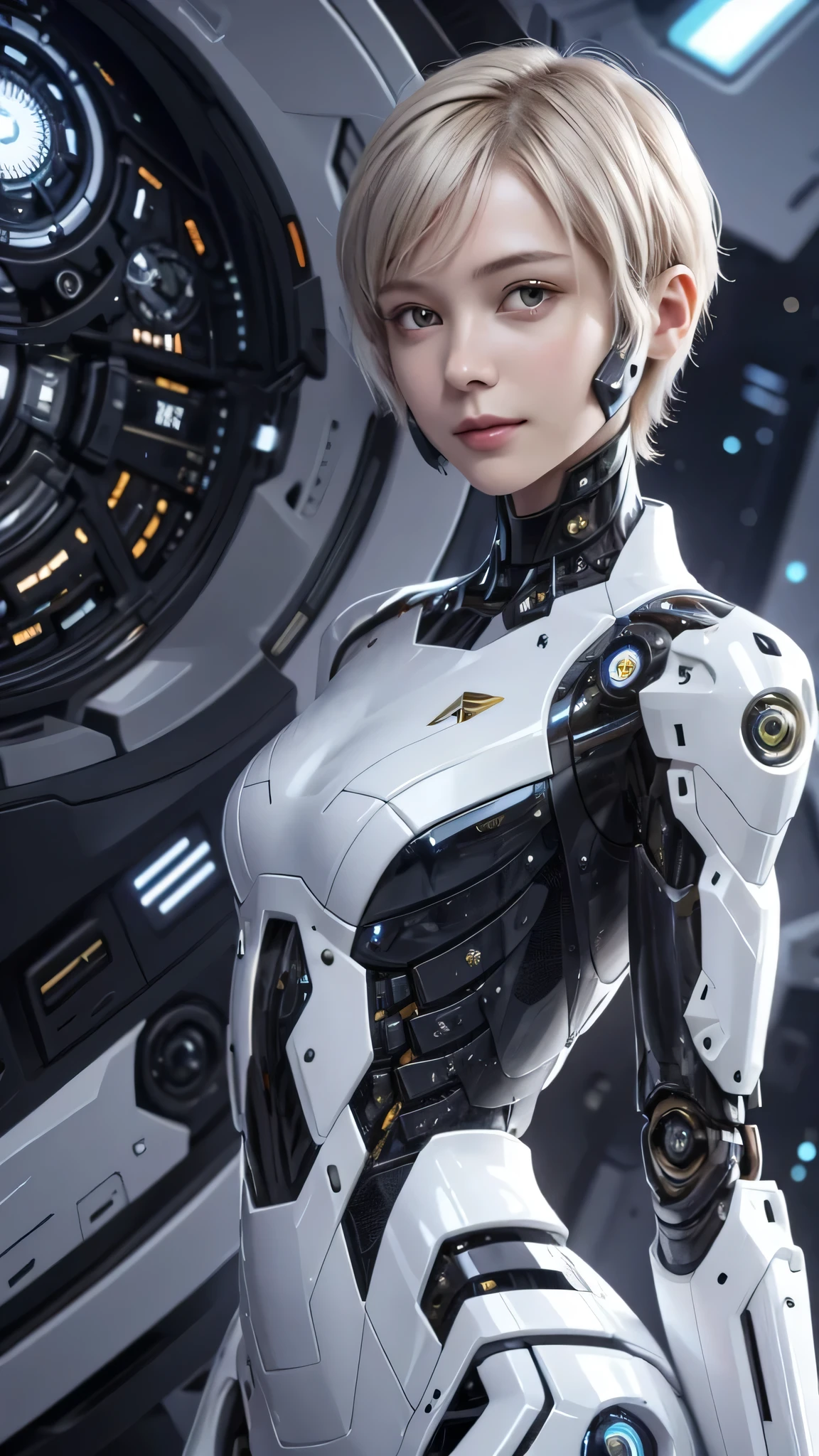 207 Short Hair, 20 year old female, Floral, gentle smile, futuristic clothes, mechanical suit