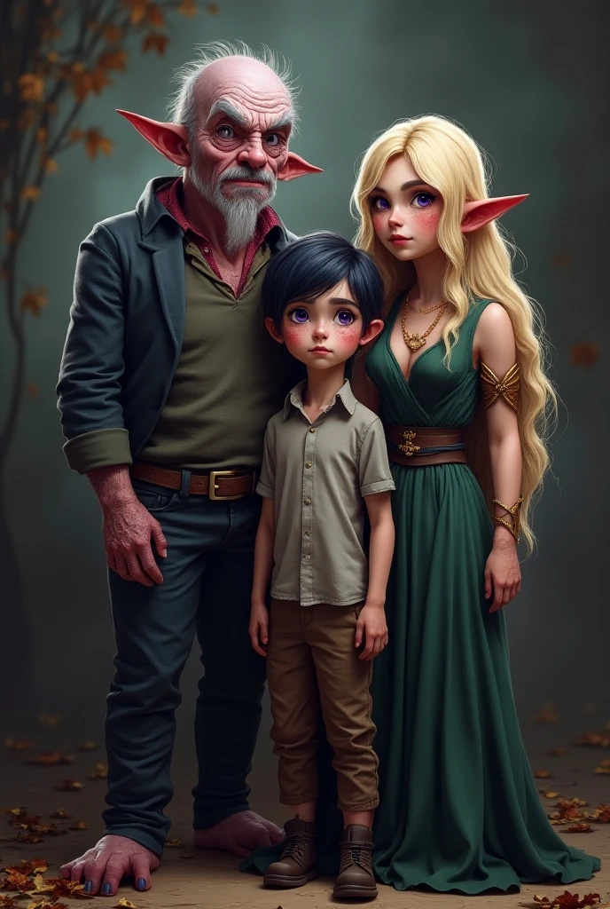 A white woman with brown hair holding an elf baby in her arms and in front of an angry elf man with black hair.