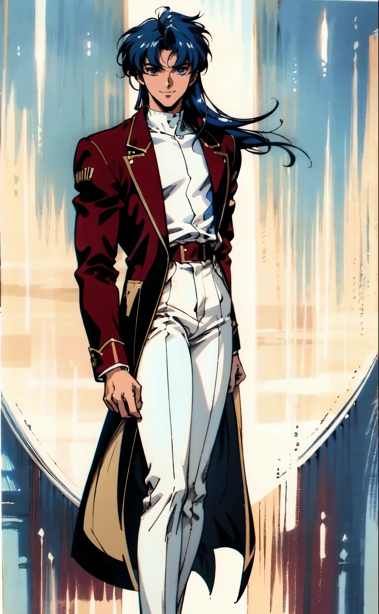 (masterpiece:1.2, best quality:1.2, extremely delicate:1.2), ((male:1.5)), a young man with long dark-blue hair, parted bangs, dignified face, cheerful smile, blue eyes, tall and slender physique, a brown coat, a dark sweater, white trousers, strolling gracefully through the city, a finely crafted 1990s anime style sage character, exquisite and mature 1990s Retro anime art style, OVA anime art style, dramatic, high definition, highres, ultra-detailed, ultra-fine painting, professional, perfect body proportions, golden ratio, anatomically correct, symmetrical face, extremely detailed eyes and face, high quality eyes, creativity, RAW photo, UHD, 32k, Natural light, cinematic lighting, (masterpiece-anatomy-perfect:1.2)