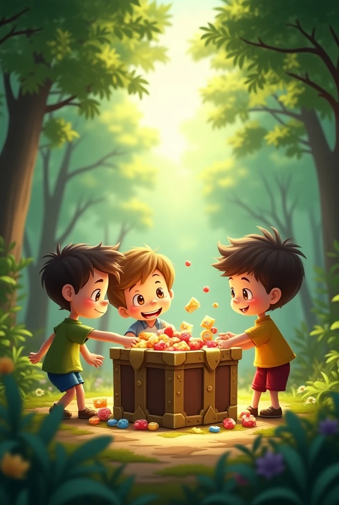 The three children smiling at each other, standing together with the treasure chest behind them, feeling proud and happy as they realize the value of their friendship."